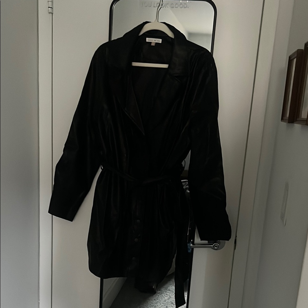 Black Leather Jacket with Belted Waist and Textured Finish